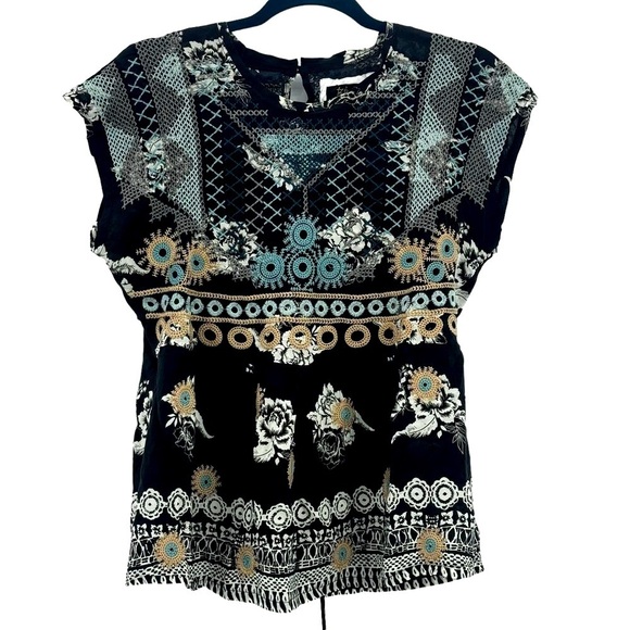 Johnny Was Embroidered Perlette Tie-Back Silk Blouse Short Sleeve Size S NWT - Picture 1 of 9